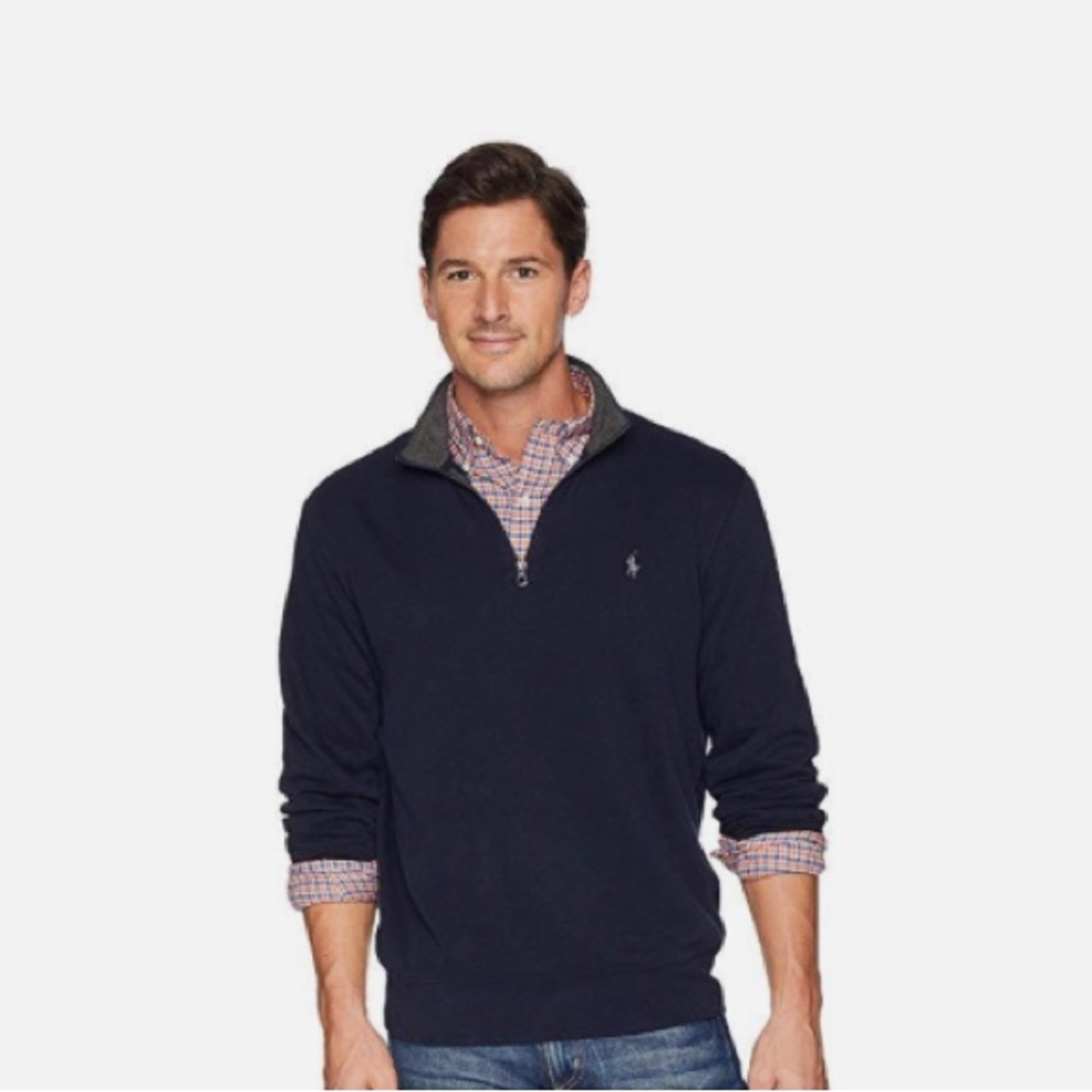 Men’s Polo Ralph Lauren 1/4 zip jersey pullover, size large, navy blue and gray